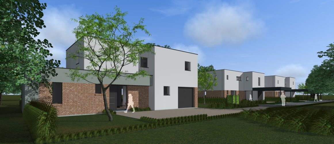 Maisons Michel Delplanque-21017-cubique-enduit-briques-carport-jardin-lotissement-vue lot 3, 2 et 1 avant gauche