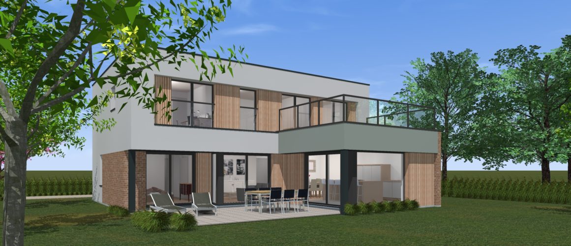 Maisons Michel Delplanque-21020-cubique-enduit-briques-bois-terrasse-balcon-jardin-baie d’angle-vue jardin avec terrasse etage