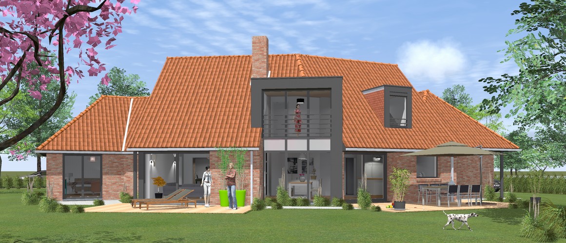 Maisons Delplanque-11018-contemporaine-grande lucarne-terrasse-volume cassé-briques terre cuite-perspective jardin