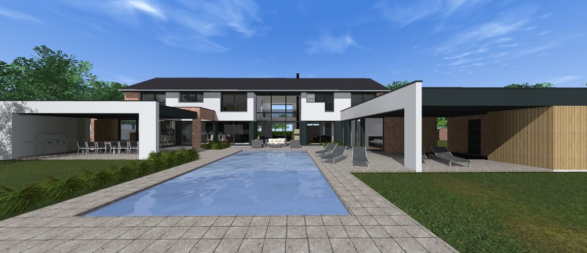 Maisons Delplanque-21013-contemporaine-briques-enduit-bardage bois-terrasse couverte-pool house-piscine-pers jardin